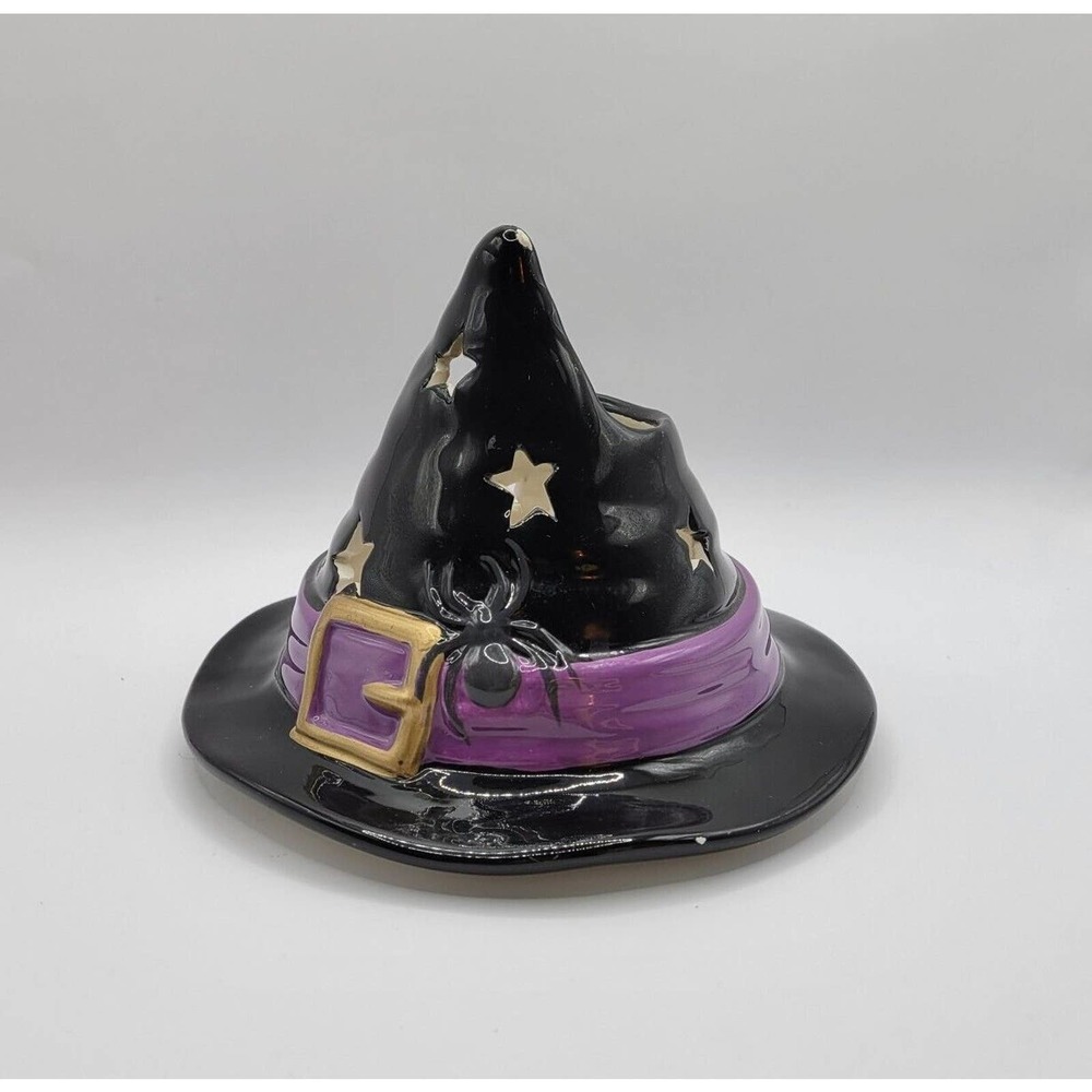 Yankee Candle Black Halloween Witch Hat Spiders Ceramic Candle Jar Topper Shade - Picture 2 of 11